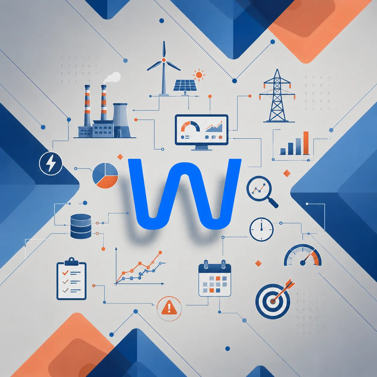 Logo de Wolkee con íconos de central eléctrica, turbina eólica, torre de transmisión y gráficos